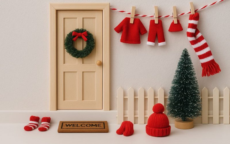 Närbild på nissedörr med symaskin, garn och pyttesmå tofflor i tomtelandskap.